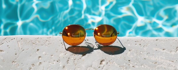 sunglasses with a spot of sunblock next to the pool