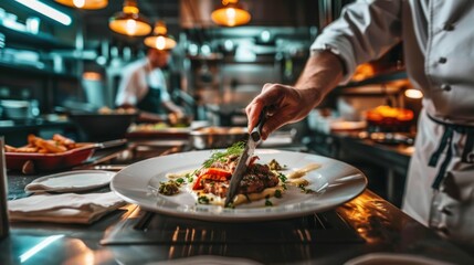 Fototapeta premium Dish in a restaurant kitchen chef's hands in the foreground