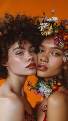 Obraz premium women with stylish hair and wreaths on necks standing romantically together against orange background and looking