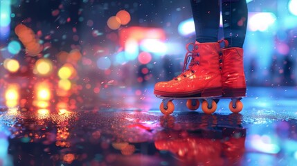  A pair of red roller skates sits atop a wet floor, in front of a blurred backdrop of vividly colored lights and focused light bulbs - Powered by Adobe