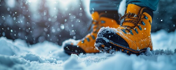 Close-up of sturdy climbing boots on a snowy trail