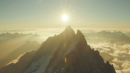 Naklejka premium The sun shining brightly above, clouds atop a mountain's peak,..Foreground: a sea of fog, low-lying clouds lie deep