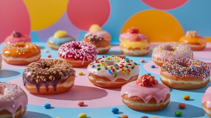 Colorful Assortment of Delicious Donuts with Various Toppings Against a Dreamy Pastel Background. Perfect for assorted donuts bakery promotions, celebrations, food blogs, or social media posts.