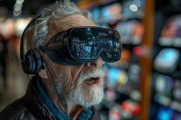 Senior Technology Interaction - Virtual Reality A senior man exploring virtual reality at a tech store, with an expression of amazement and curiosity. The image should emphasize the engagement with