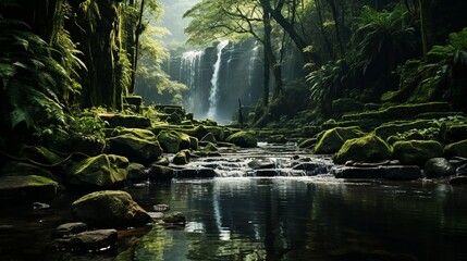 Fototapeta premium A secluded waterfall cascading into a pristine pool surrounded by vibrant green foliage, with the mist creating a magical atmosphere in the forest. Minimal and Simple,