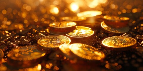 Bitcoin Cryptocurrency represented as Gold Coins. Digital Banking Background.