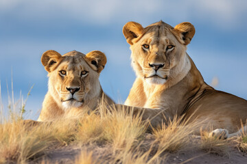 Majestic Lionesses Surveying the Savanna at Dusk