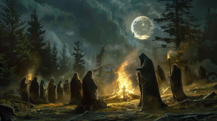 Obraz premium Midnight Ritual: Hooded Cultists in Moonlit Clearing with Eldritch Energies