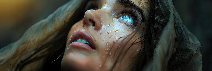 Biblical character. Emotional close up portrait of a woman with blue eyes in a veil looking up. 