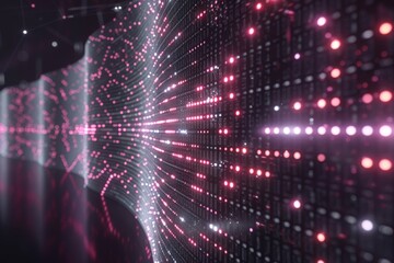 Obraz premium Glowing pink and white lights form an abstract wave of digital data on a sleek black background, symbolizing modern technology and big data.
