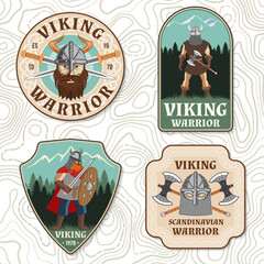 Set of viking warrior logos, badges, stickers. Vector illustration. For emblems, labels and patch. Patch design heraldic shield with a viking in helmet with crossed battle sword and axe