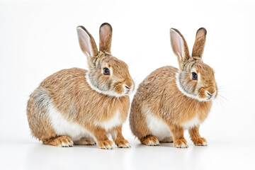 Fototapeta premium Two brown rabbits sitting on a white background