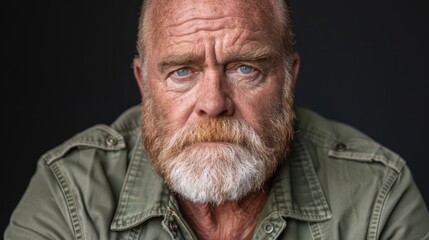 Obraz premium A man with a beard, wearing a green shirt, gazes intently into the camera against a black backdrop