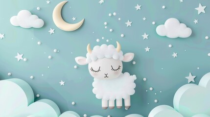 Adorable sheep with crescent moon and cloud decorations on a soft blue pastel background, perfect for baby nursery decor and whimsical themes