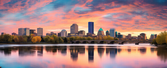 Fototapeta premium Majestic Sunset Over City Skyline with River Reflection
