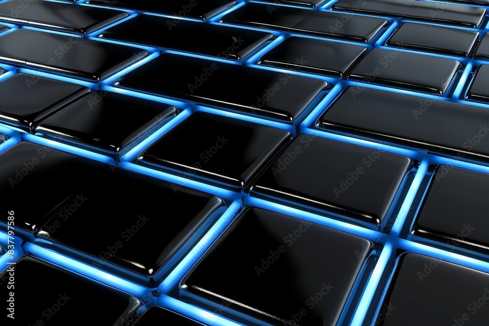 Wall mural close-up of black glossy tiles with blue neon accents, creating a futuristic and high-tech appearanc