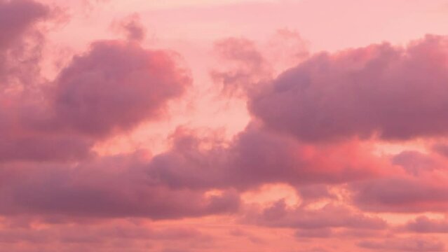Beautiful Rain Purple Pink Coral Red Cumulus Clouds in the Lilac Pink Sky at Sunset, Time Lapse, Slow Motion. Beautiful Cloudy Coral Skyscraper at Sunrise.
Colorful Sky and Soaring Fluffy Clouds Relax
