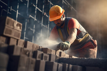 Construction Worker Precisely Building a Brick Wall