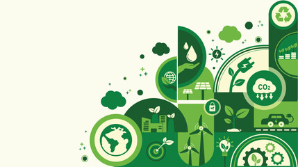 World environment and sustainable development concept with ecology  icons template vector flat design, eco friendly and green technology. ESG for business and organization. Net zero and carbon neutral