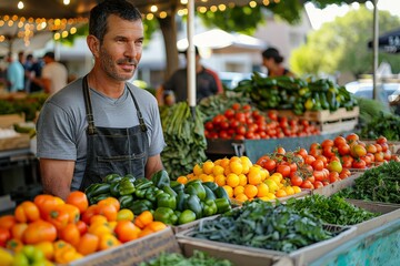 Local Food Vendors A bustling farmers market where people are purchasing fresh, locally sourced vegetables and fruits. The image should highlight sustainable food practices and the community aspect