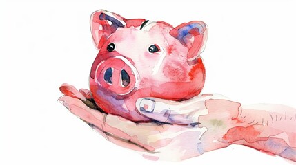 Watercolor digital art clipart illustration of a human hand holding a piggy bank, isolated on white, perfect for personal finance visuals, planners, and design projects.