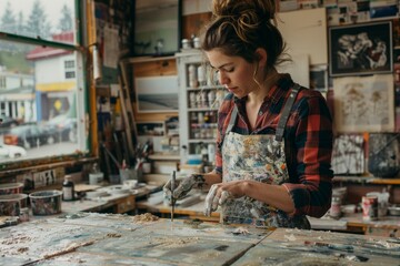 Repurposed Items An artist creating a sculpture from repurposed materials in a bright studio. The scene should showcase creativity and sustainability through the use of repurposed items