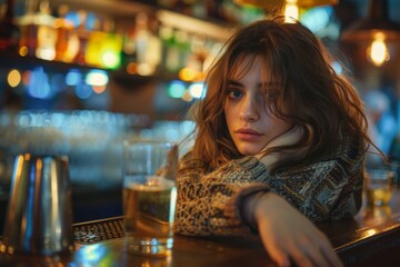 Woman at bar with beer