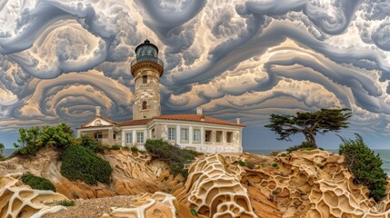 A lighthouse perches atop a rocky outcropping, surrounded by a cloudy sky In the foreground, a...