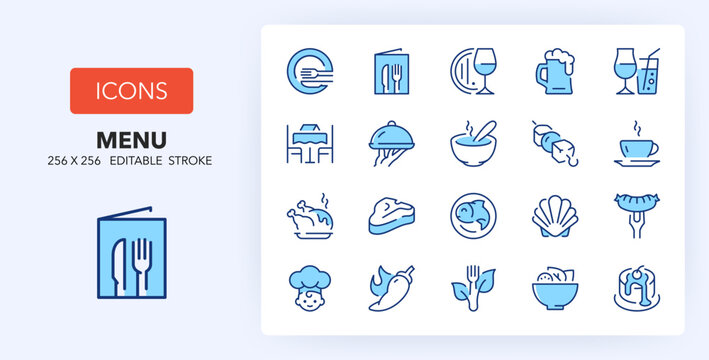 Line icons about menu restaurant. Contains such icons as wine list, soups, appetizers and more. 256x256 Pixel Perfect editable in two colors