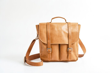 Brown Leather Messenger Bag on White Background