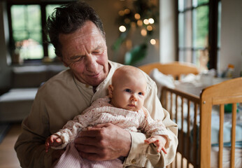 Handsome grandfather holding little baby girl in arms, looking at her lovingly. Strong bond between...