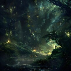 Mysterious Underwater Forest at Night