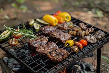 Multiple meats, vegetables grilling