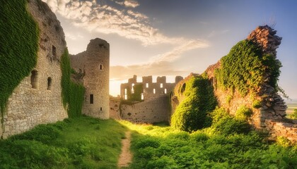 Ancient ruins covered in lush ivy, illuminated by the warm glow of the setting sun. The crumbling stone walls and overgrown vegetation create a sense of timeless beauty and mystery. 