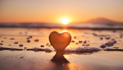 Fototapeta premium Heart-shaped stone resting on the beach as the sun rises, casting a warm glow over the scene. The soft light enhances the romantic atmosphere, reflecting themes of love and tranquility. 