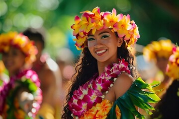 A captivating Polynesian woman with black hair, dressed in traditional attire and adorned with flowers in her hair, at the festival, seen up close.