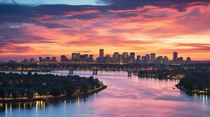 Fototapeta premium A panoramic view of a city's skyline at dusk, with iconic landmarks silhouetted against the colorful sky and lights beginning to twinkle in the buildings. Minimal and Simple,