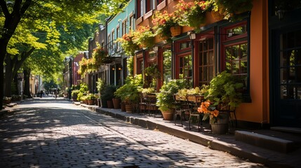 Fototapeta premium A charming cobblestone street in an old city neighborhood, lined with quaint cafes, boutique shops, and flower boxes on the windowsills. Minimal and Simple,