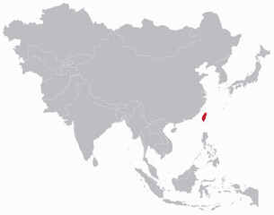 Highlighted red map of TAIWAN inside grey detailed blank political map of Asia on light blue background, without the Middle East and Russia