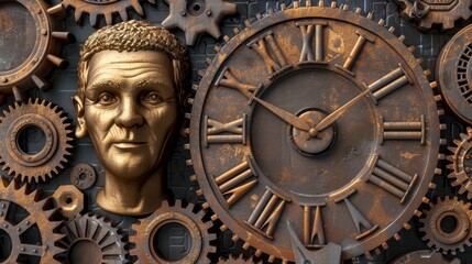 Obraz premium A man's face embedded in a clock, encircled by cogwheels and cogwork