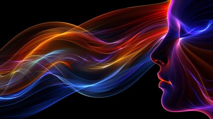 Obraz premium A woman's face, close-up Multicolored light wave emerges from her right side against a black backdrop