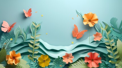 Colorful paper art floral design with vibrant flowers, butterflies, and foliage on a soft blue background, creating a serene and artistic scene.