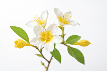 Fototapeta premium White and Yellow Flower with Green Leaves on White Background