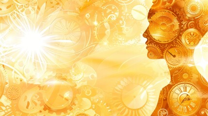  A yellow background features a woman's profile encircled by a clock with her head replacing the face, surrounded by other clocks formed as female heads