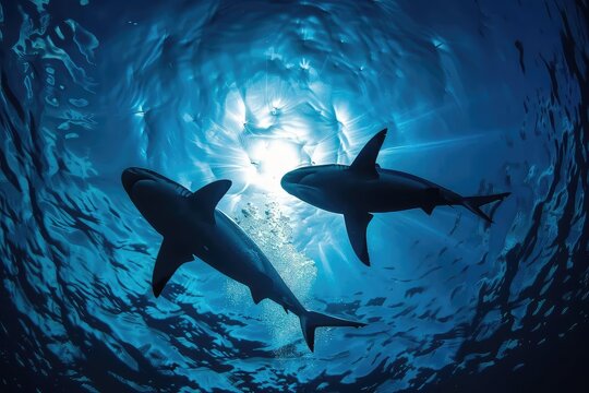 Shark tank, graceful predators, deep blue water close up, focus on, copy space, dramatic and intense, Double exposure silhouette with sharks