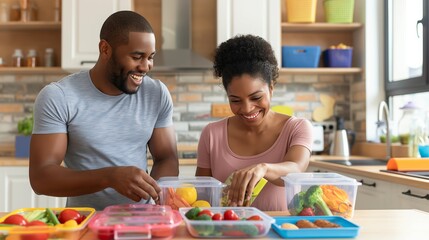 A joyful couple preparing healthy meals together, surrounded by colorful fresh ingredients in containers