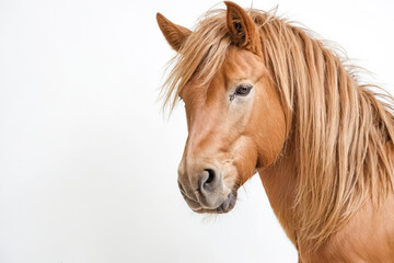 Close-up portrait of a chestnut horse with a soft, fluffy mane