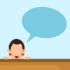 a cartoon image of a boy peeking out with blue text bubble