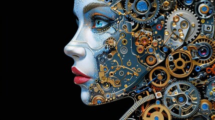  A woman's face with gears shaping her profile, a clock face appended to one side