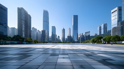 A modern cityscape featuring tall skyscrapers surrounding an open plaza under a clear blue sky, showcasing urban architecture.
